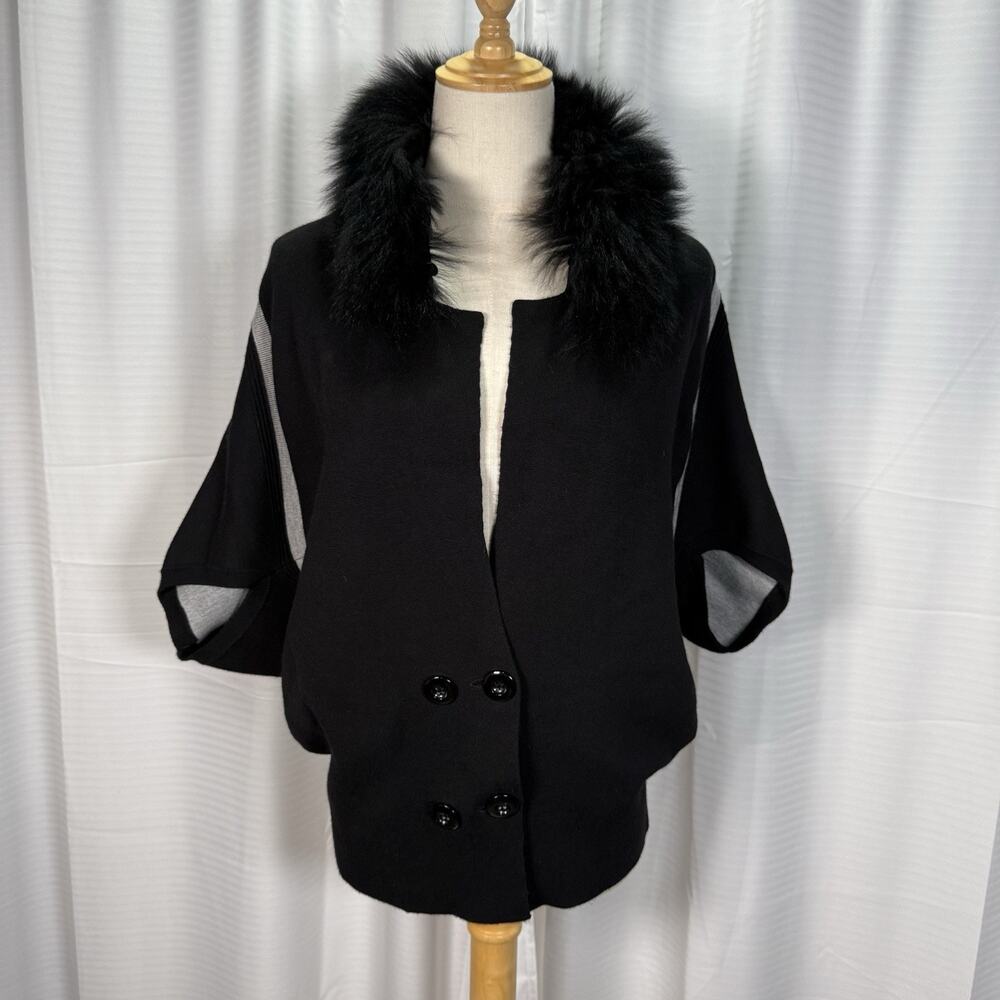 Maude Vivante Button Front Cardigan Sweater Faux Fur Black Women's Size Medium